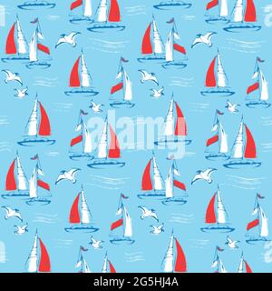 Nautical seamless pattern with sail boats and seagulls. Sea background. Vector illustration. Stock Vector