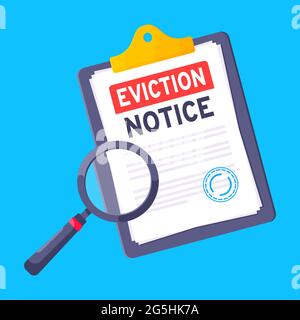 Eviction notice legal document on the clipboard paper sheets with stamp, magnifier and a pen vector illustration flat style design. Stock Vector