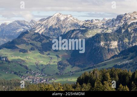 Small village in a valley in the Schwyzer Alps, canton Schwyz, Swiss Alps, Switzerland Stock Photo