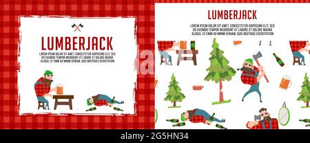 set Lumberjack and lumberjack with beard concept and related thin line icons: Lumberjack drinks beer resting after work, flonel shirt braids beard in Stock Vector