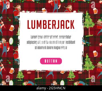 Lumberjack and lumberjack with beard concept and matching thin line icons: lumberjack gmtn beer resting after work. Vector illustration for banner, we Stock Vector