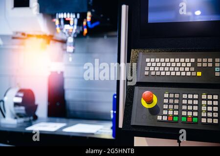 Panel control Coordinate Measuring machine probe CMM on milling work. Sensor quality CNC industrial metal. Stock Photo