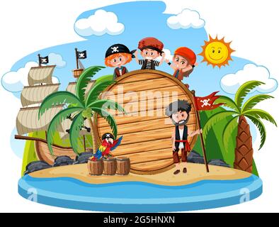 Pirate island with an empty banner isolated on white background illustration Stock Vector