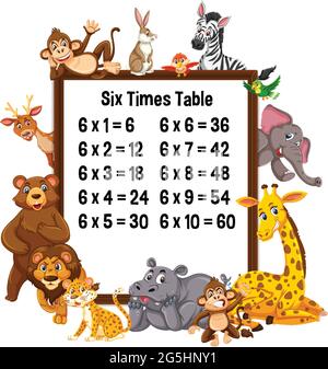 Six Times Table with wild animals illustration Stock Vector
