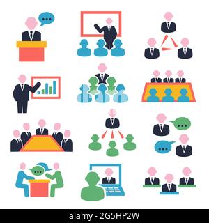 Conference and meeting icons on white background Stock Vector