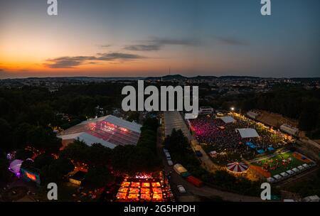 Lviv, Ukraine - June 24, 2021: Leopolis Jazz Fest 2021. Stage dedicated to Eddie Rosner. Picnic zone. Aerial view from drone Stock Photo