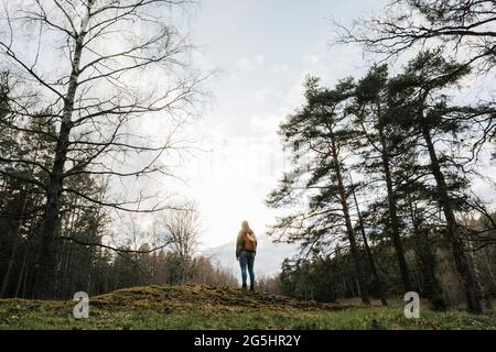 Rear view of female explorer looking at view while exploring forest during vacation Stock Photo