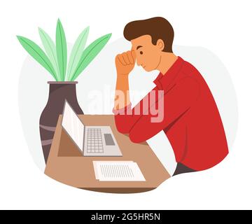 The Worker Men Look at Laptop and Thinking in the Office. Stock Vector