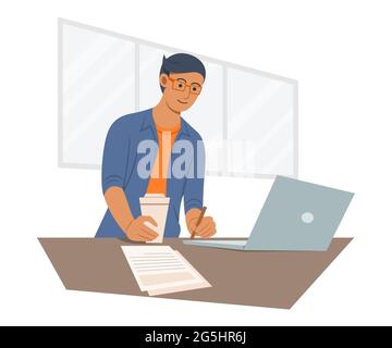 Freelance Man is Online Working with Laptop from Home. Stock Vector