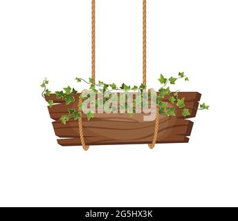 Empty wooden planks hanging on ropes with ivy branches. Banner for game. Cartoon vector illustration. Stock Vector