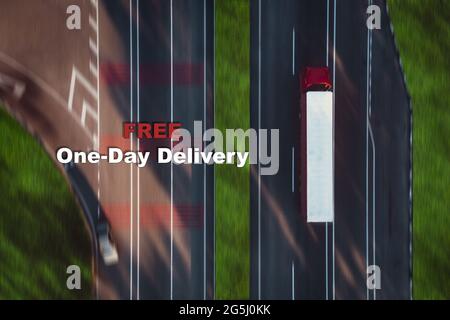 White awning trailer with a red cab - aerial shot. A section of the track with a moving truck and text Free One Day Delivery. Stock Photo