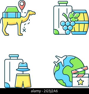 Travel abroad RGB color icons set Stock Vector