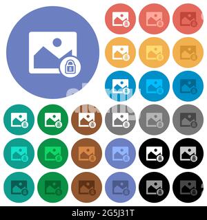 Locked image multi colored flat icons on round backgrounds. Included white, light and dark icon variations for hover and active status effects, and bo Stock Vector
