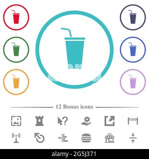 Disposable drinking cup with straw flat color icons in circle shape outlines. 12 bonus icons included. Stock Vector