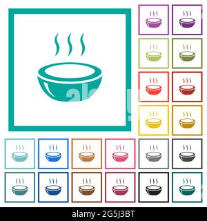 Glossy steaming bowl flat color icons with quadrant frames on white background Stock Vector