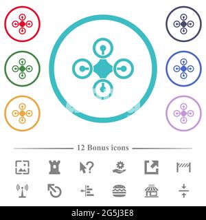 Drone top view solid flat color icons in circle shape outlines. 12 bonus icons included. Stock Vector