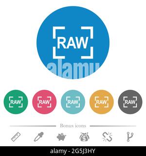 Camera raw image mode flat white icons on round color backgrounds. 6 bonus icons included. Stock Vector