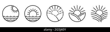 Sunset icon. Sun line icons. Vector illustration. Sunrise vector icons. Black linear icons Stock Vector