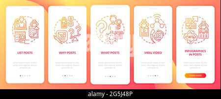 Top shareable posts types onboarding mobile app page screen Stock Vector