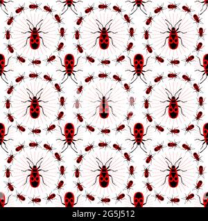 Firebug, Pyrrhocoris apterus. Seamless pattern. Vector illustration. Isolated on white background. Stock Vector