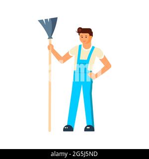 Male friendly cleaner with a mop dressed in work clothes isolated on white background. Flat Art Vector Illustration Stock Vector