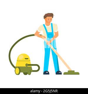 Male friendly cleaner with a vacuum machine dressed in work clothes isolated on white background. Flat Art Vector Illustration Stock Vector