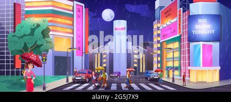 Rain in dark city. Paddles with umbrellas crossing road. People at crosswalk with cars. Wet and rainy weather in night town cartoon vector with hotel, shops or cafe illuminated buildings facades. Stock Vector