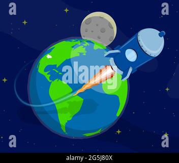 Rocket flying from planet earth into open space to stars. Flights to Mars, Moon and planets of solar system. Cartoon vector Stock Vector