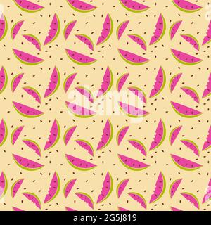 Seamless pattern with fresh watermelon slices and seeds on yellow sand background Stock Vector