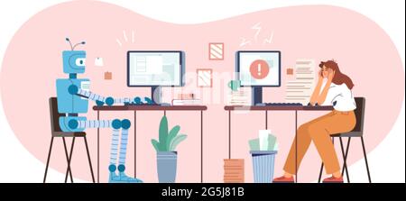 Robot vs human flat vector illustration. Robotic machine and tired woman working at computer in the office. Humanoid versus person. Artificial intelligence challenging employee. Modern ai technology. Stock Vector