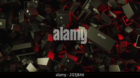 Abstract background of computer keys cluttered in the air with enter key in close up. 3d render Stock Photo