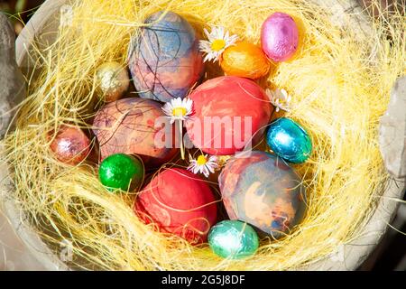 Italy, Turin, Overhead view of colorful chocolate Eater eggs Stock Photo