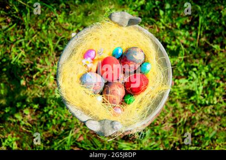 Italy, Turin, Overhead view of colorful chocolate Eater eggs Stock Photo