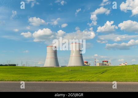 Belarusian nuclear power plant in Ostrovets on a sunny summer day, Belarus 2021 Stock Photo