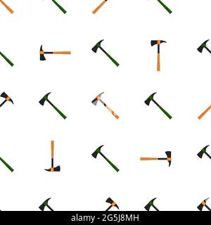Illustration on theme pattern steel axes with wooden handle, metal ax for hunting. Big kit ax consisting of many identical axes on white background. F Stock Vector