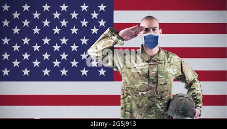 Composition of saluting male soldier wearing face mask, against waving ...