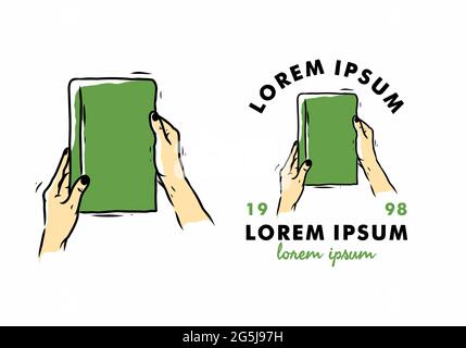 Green illustration drawing of hand holding book design Stock Vector