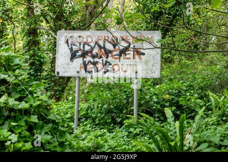 A faded defaced MOD Poperty sign in woodland