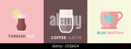 Drink icons set. Tea matcha and latte vector illustrations Stock Vector