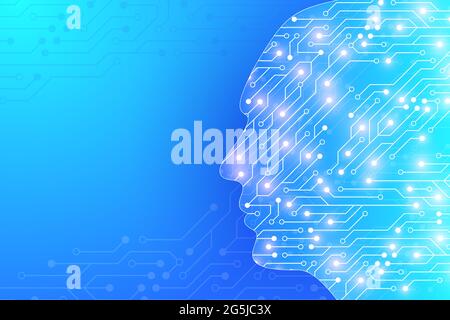 Artificial Intelligence and Machine Learning illustration Concept. Human head outline with brain, illustration Stock Photo