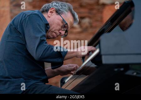 Portuguese pianist Mario Laginha playing piano during a concert in Belgais, Portugal, Europe Stock Photo