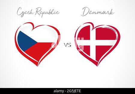 Czech Republic vs Denmark flag emblem. National team soccer on white background. Czechs and Danish national flag in heart, vector illustration. Europe Stock Vector