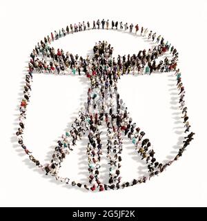 Concept or conceptual large gathering  of people forming an image of the vitruvius man on white background.
