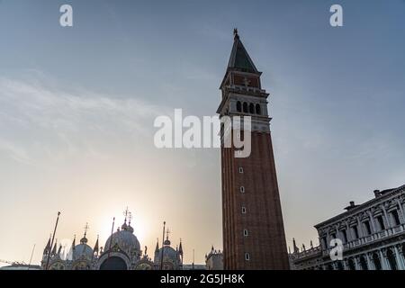 Low angle view of the famous Bell Tower Campanile at sunrise n Venice, Italy Stock Photo