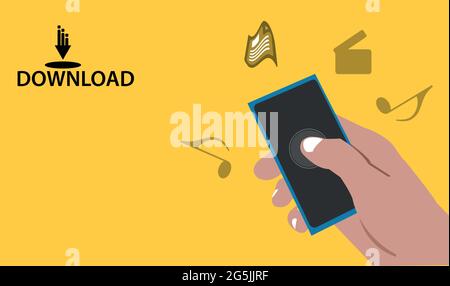 Download with hand held smartphone on the yellow background. Where to download music, document movies, etc. Flat vector illustration. Stock Vector