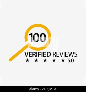 100 verified reviews with magnifying glass. Flat design. Vector Illustration on white background. Stock Vector