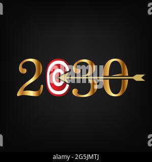 2030 with on target and one arrow hitting the center, Vector illustration on black background. Stock Vector