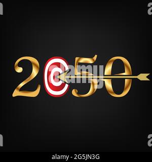 2050 with on target and one arrow hitting the center, Vector illustration on black background. Stock Vector