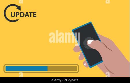 Update with hand held smartphone on the yellow background. Flat vector illustration. Stock Vector