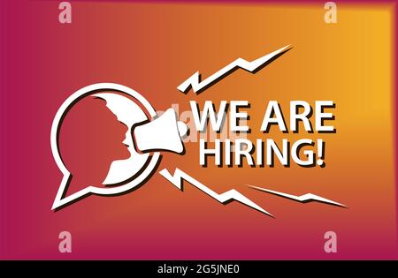 We are hiring with people and megaphone. Flat vector illustration on colorful background. Stock Vector